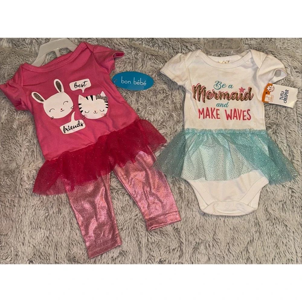 Bon‎ BeBe Size 0-3 Months Girls 3pc Pants Top Bib kitty Set Mermaid Tutu NWT